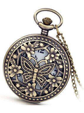 Women's White Quartz Antique Bronze Retro Hollow Butterfly Round Pocket Watch